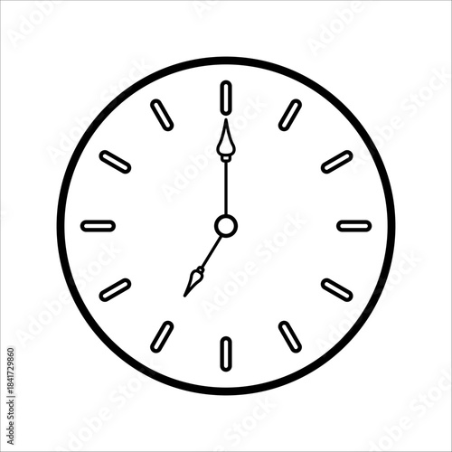 Round analog wall clock with hour and minute hands, modern outline silhouette icon, vector illustration, set in flat design style.
