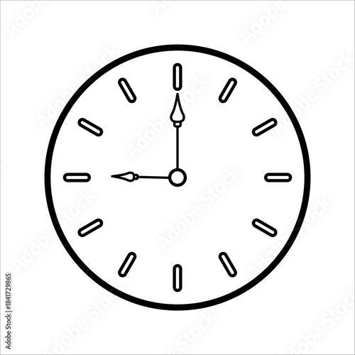 Round analog wall clock with hour and minute hands, modern outline silhouette icon, vector illustration, set in flat design style.