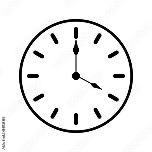 Round analog wall clock with hour and minute hands, modern outline silhouette icon, vector illustration, set in flat design style.