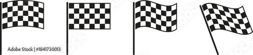 Checkered racing flag icon set. Finish and start line symbol for motor sport. Car, motorbike competition. Checkered flag for speed rally. Black and white waving racing flag vector illustration sign.