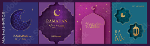Islamic, oriental style frame, silhouette. Geometric arab frame set. Ramadan kareem backgrounds. Mosque, moon, stars, ornaments, patterns in paper cut style. Bright colorful vector design