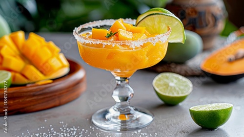 rustic shot of a Mexican mango cocktail mango-ritas in a salt-rimmed glass