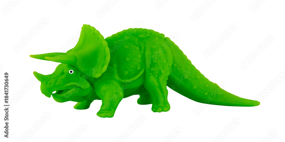 Obraz premium Triceratops green figure, triceratops dinosaur toy. The isolation is on a transparent background in the PNG format.