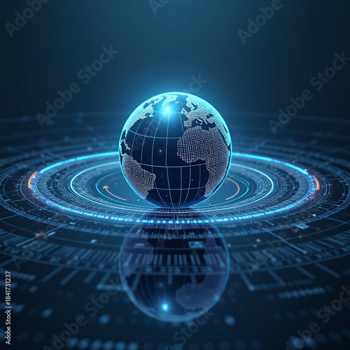 Digital globe floating above abstract rings represents global network