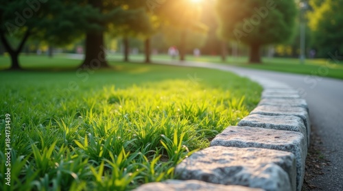 Fototapeta Naklejka Na Ścianę i Meble -  Granite curb in outdoor park at summer, overgrown grass lawn and tree line with paddle-stone path for quite and calm walk in lovely morning 
