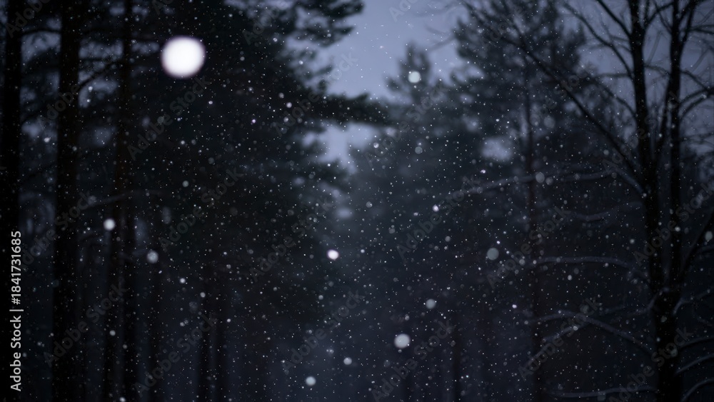 Naklejka premium Snow falling in a dark forest at night with tall trees and a mystical atmosphere.