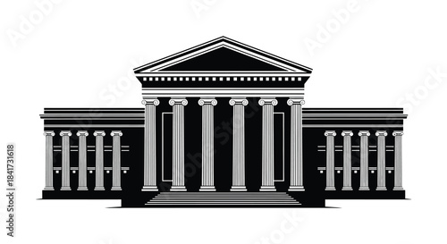 A classic neoclassical building with prominent columns and a triangular pediment silhouette
