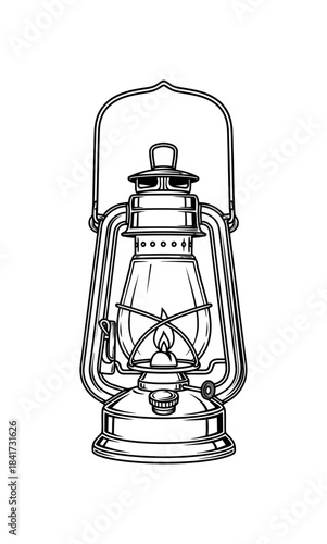 A detailed black and white illustration of a vintage kerosene lantern
