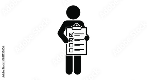 A simple black silhouette of a person holding a clipboard with checkboxes demonstrating a task list silhouette