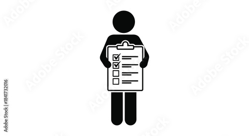 A minimalist depiction of a person holding a clipboard with checklist items a stark silhouette