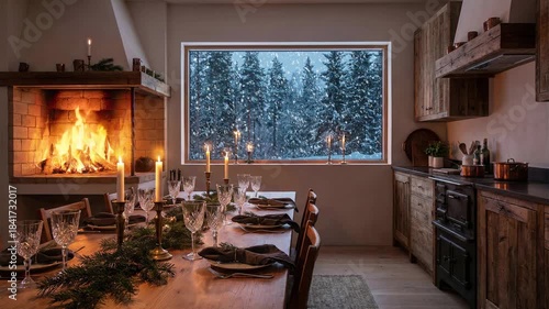 Dinner takes place near a fireplace with a winter scene outside. Candles add warmth. Looped footage for background.