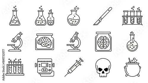 Collection of science and medical icons including flasks microscopes and brains.