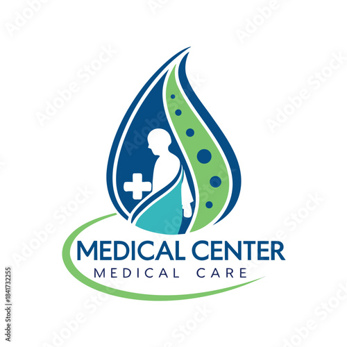 Modern medical center logo with patient and healthcare symbols