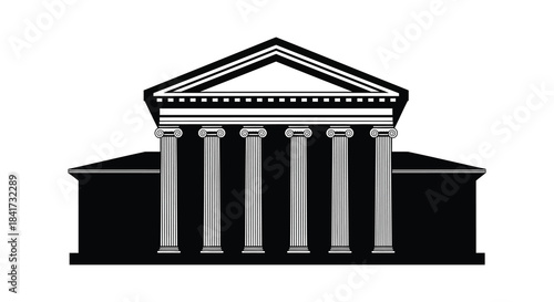 A classic building facade with prominent columns depicted in a striking black and white silhouette