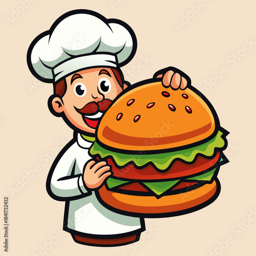 Happy cartoon chef smiling while holding up a big fresh hamburger Vector