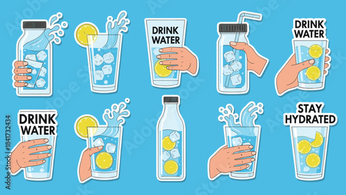 A collection of colorful stickers promoting hydration with phrases like 'Drink Water' and 'Stay Hydrated' with glasses of water.