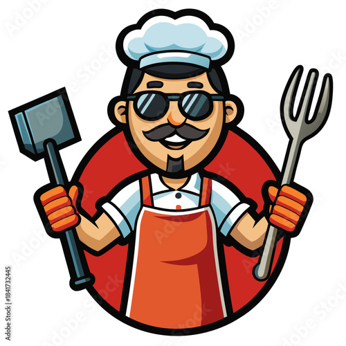A cool cartoon chef mascot wearing sunglasses and holding a cleaver and fork Vector
