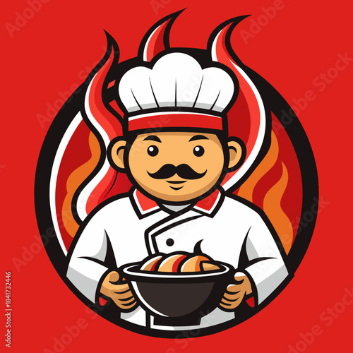 A cheerful cartoon chef holds a bowl of food against a fiery red background Vector