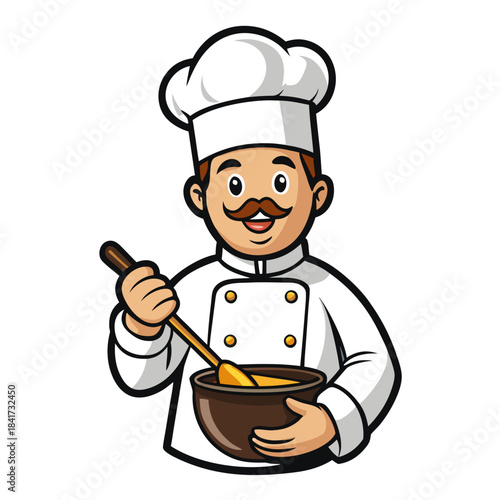 A friendly smiling cartoon chef mascot illustration holding a mixing bowl and spoon preparing food Vector