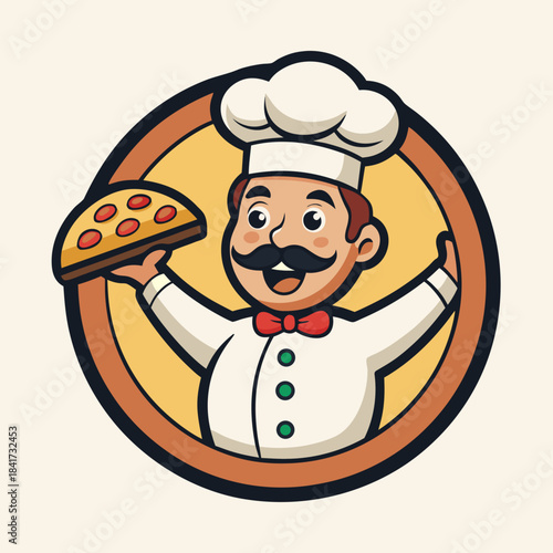 Happy cartoon chef with a mustache holding a slice of delicious pizza, ready to serve in a logo illustration Vector