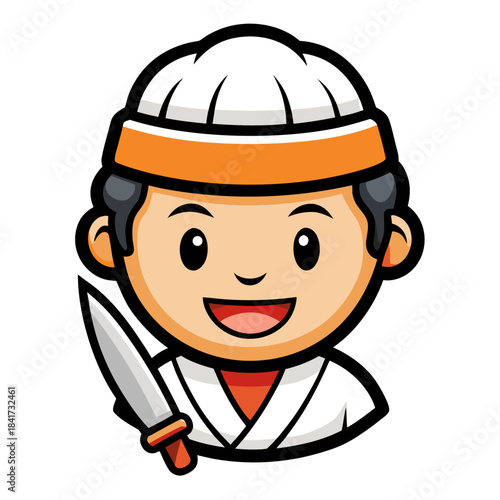 A happy cartoon chef character wearing a white hat and orange headband holding a kitchen knife Vector