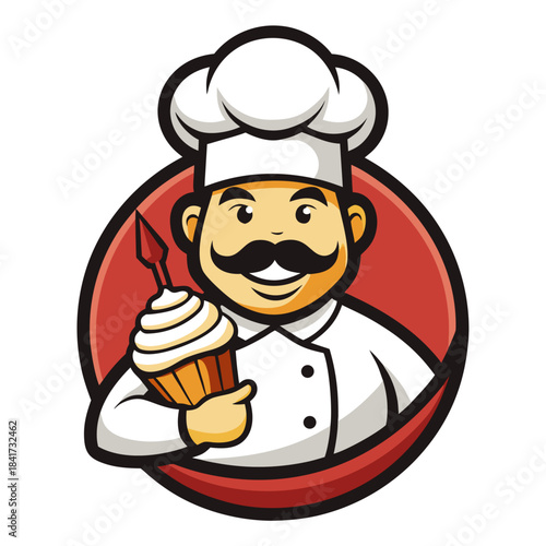 A cheerful cartoon chef character proudly presents a freshly baked cupcake as a bakery logo Vector