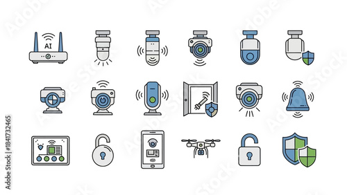 Collection of security system icons and symbols.