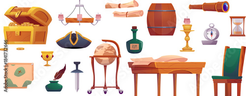 Pirate ship cabin furniture and accessories, treasure chest, rum bottle and wooden barrel, sabre, captain hat vector set