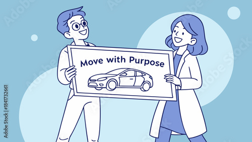 A smiling couple holding together a car license plate that reads "Move with Purpose," against a bright blue background and soft lighting.