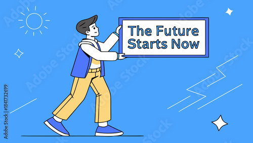 A young man holds a license plate with the phrase "The future starts now," against a vibrant blue background with a modern, minimalist style.