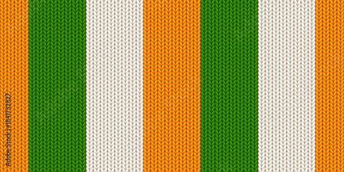 Knitting sweater background with irish flag colors. Saint Patricks day seamless pattern of wool knitwear fabric. Abstract pattern for National holiday in Ireland, vector illustration