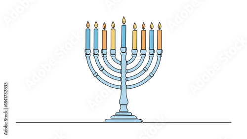 A single continuous line drawing of a Hanukkah menorah with nine lit candles, rendered in a simple and modern minimalistic style.