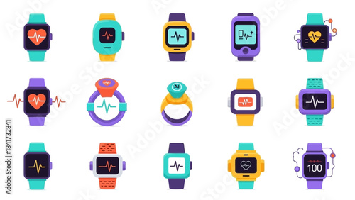 Collection of Smart Watches Displaying Heart Rate and Health Data.