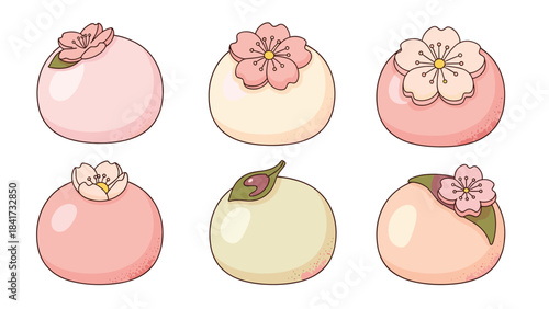 A beautiful collection of six hand-drawn Japanese sakura mochi, a traditional spring dessert decorated with delicate cherry blossoms.