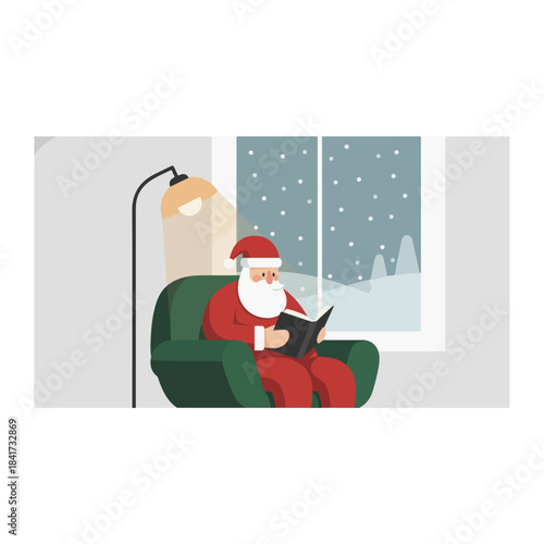 Santa Claus relaxing in a cozy armchair, reading a book by the window on a snowy winter evening.