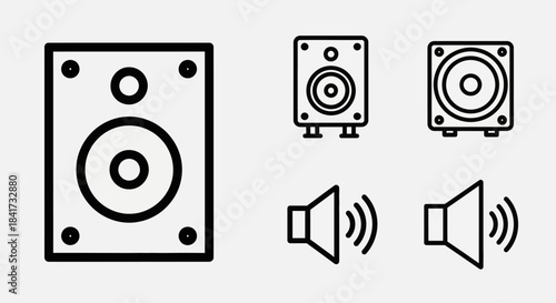 Collection of speaker icons and sound wave symbols.