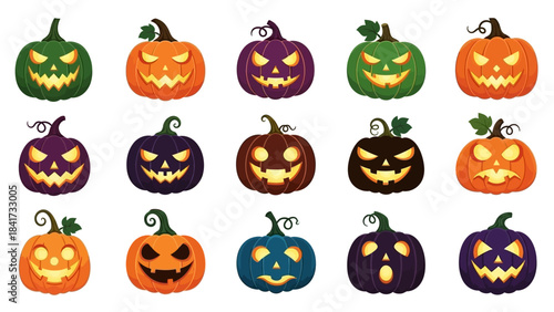 Collection of Spooky Halloween Jack-o-Lanterns with Carved Faces.