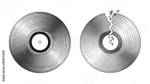 Monochrome dot-style illustration of a whole vinyl record next to another one that is broken and shattering into small pieces.