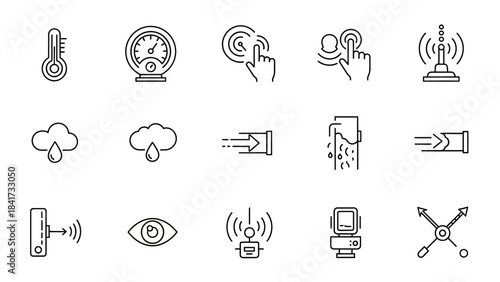 Collection of technology and science icons in a grid layout.