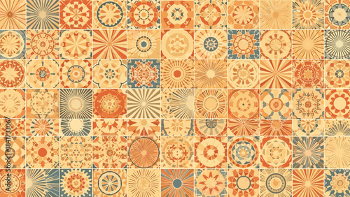 A large collage of colorful mosaic tiles featuring a variety of geometric, sun, and mandala patterns in a retro color scheme.
