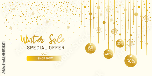 Golden winter sale banner with elegant sparkles, hanging ornaments and festive accents. For holiday promotions, seasonal discounts, marketing materials, digital ads and stylish retail campaign visuals