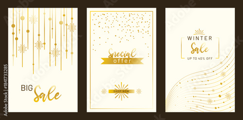 Elegant gold sale banners with modern festive accents and minimal style. Ideal for winter promotions, luxury retail events, special offers, digital marketing visuals and stylish seasonal advertising
