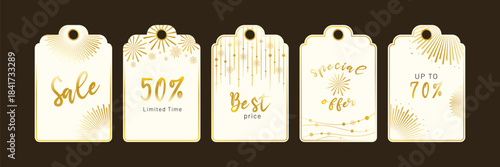 Elegant gold holiday sale tags with festive sparkles and luxury accents. Ideal for seasonal promotions, marketing designs, stylish retail events, exclusive offers, branding visuals and modern discount