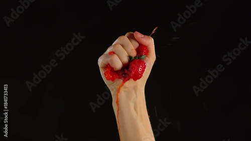 a girl holds a strawberry in her hand in close-up