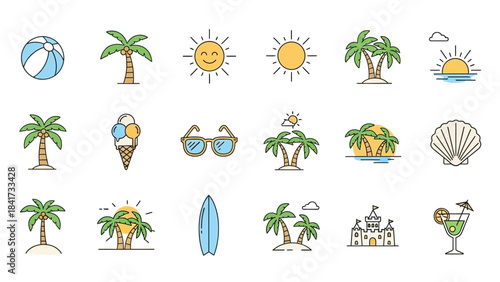 Collection of Summer Vacation Icons - Beach Ball, Palm Trees, Sun, and More.