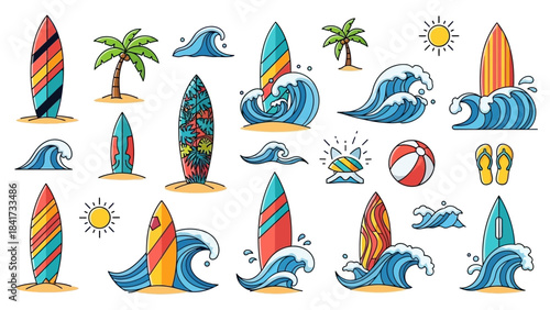 Collection of surfboards and ocean waves for summer fun.