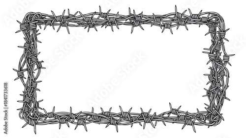 A rectangular frame or border made from tangled and twisted barbed wire, isolated on a clean white background for a grunge effect.