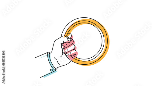A minimalist line art illustration of a hand firmly holding a colorful yellow and pink ring or circular object on white background.