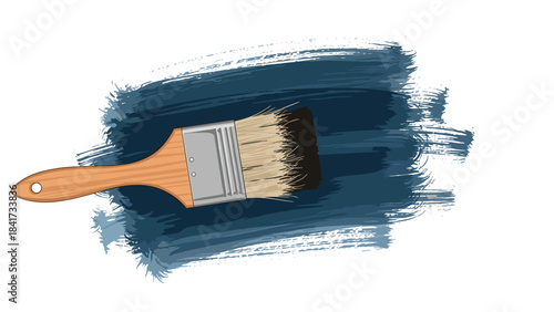 An artistic illustration of a wide wooden paintbrush creating a textured, dark blue paint stroke on a clean white background.