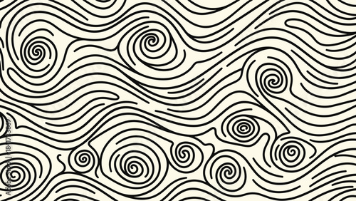 An abstract seamless pattern of hand-drawn black swirling lines and spirals on a beige background, resembling wind or water currents.